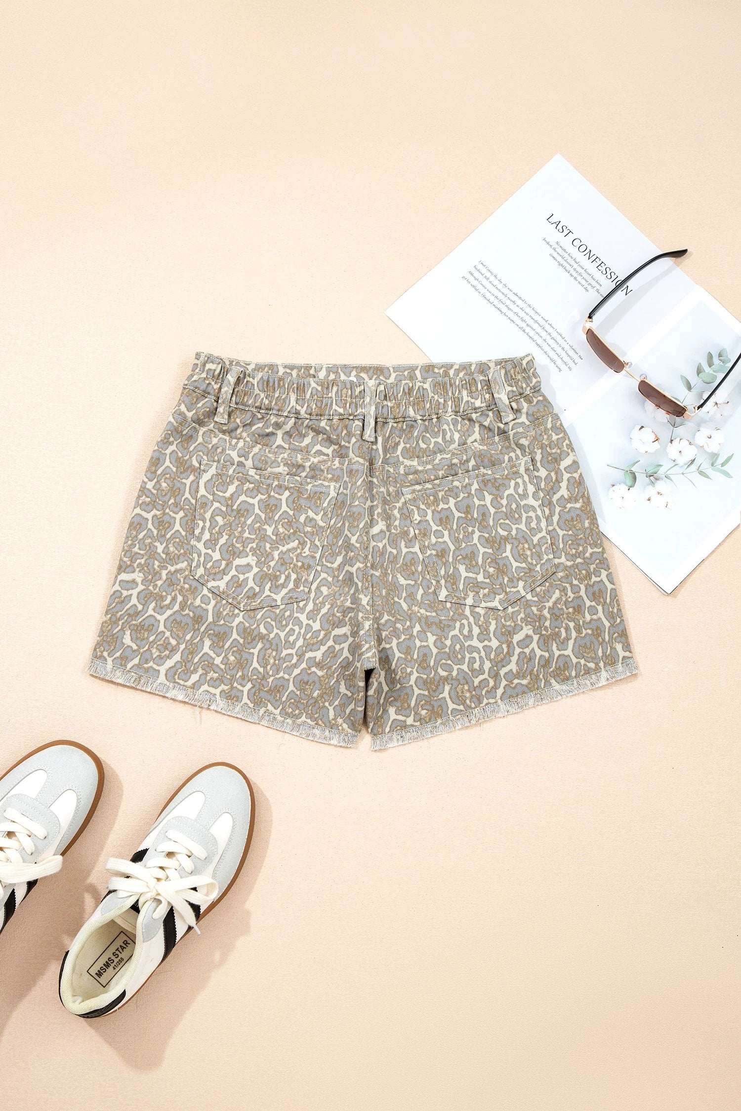 Dear-Lover Dropshipping Khaki Raw Edge Leopard Print Denim Shorts - Denim Shorts Bottoms/Denim Shorts