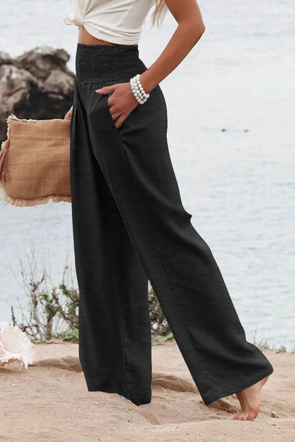 black shirred high waist plus size wide leg pants for women casual everyday outfit