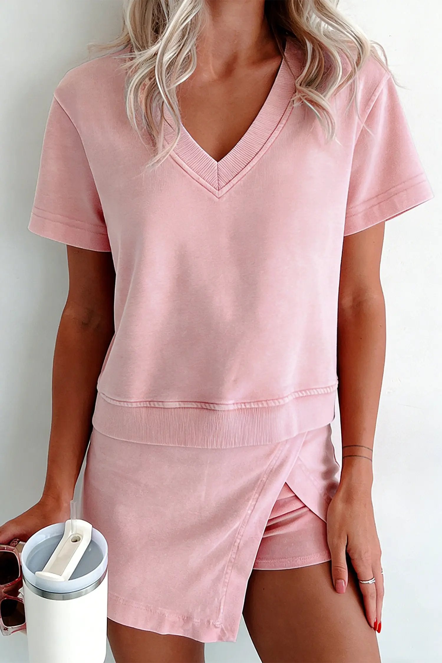 Dear-Lover Dropshipping Beau Blue Mineral Wash V Neck Tee Matching Skort Set - Two Piece Sets/Two Piece Dresses