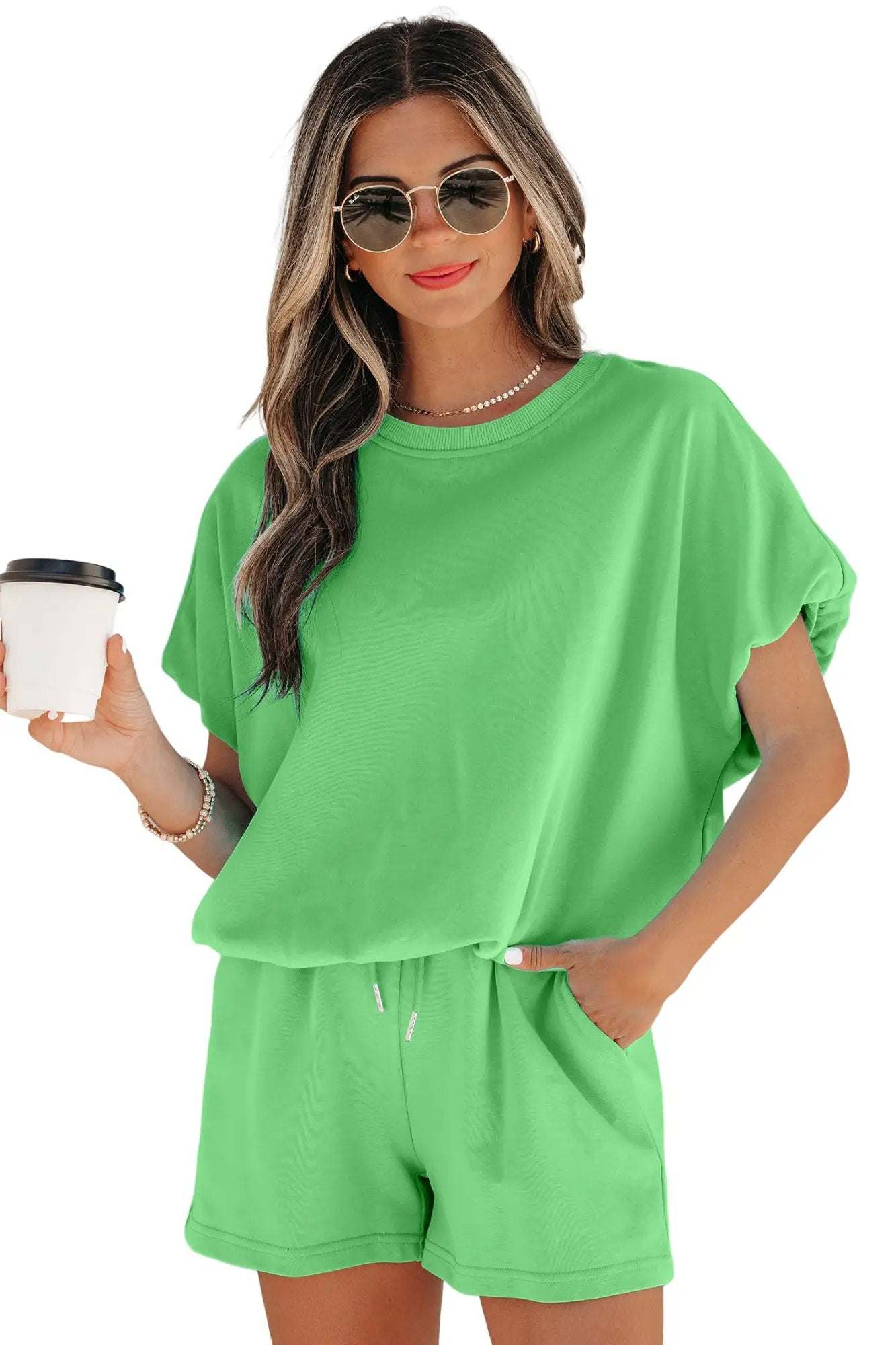J&H Apparel Green Solid Color Puffy Loose Top Drawstring Shorts 2pcs Outfit - Outfit Sets Two Piece Sets/Short Sets