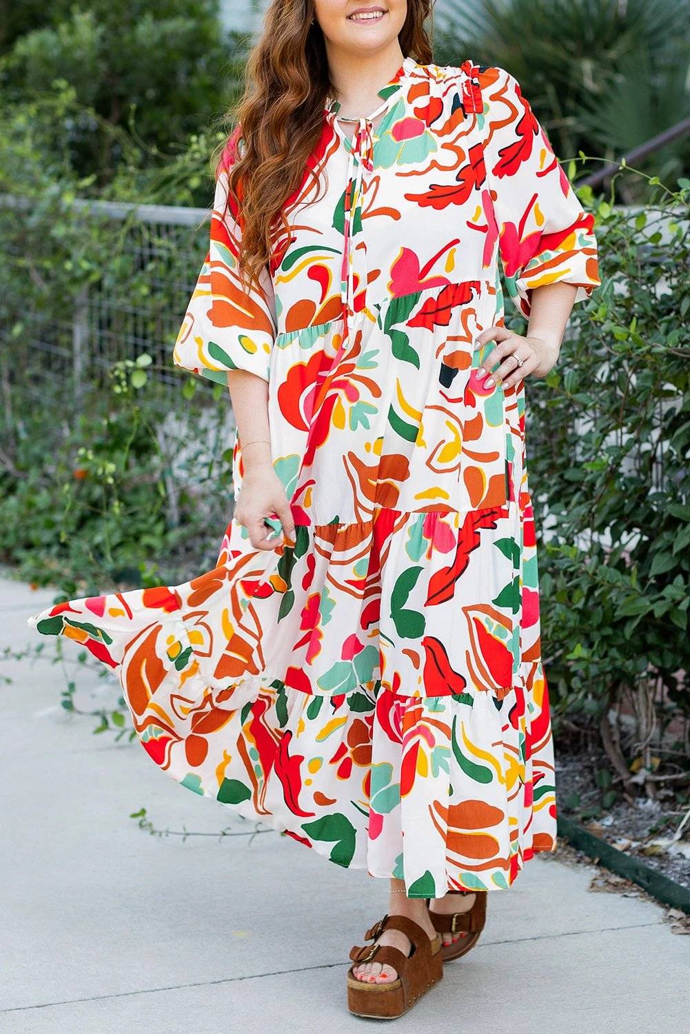 orange floral print drawstring v neck tiered plus size dress for women casual everyday outfit