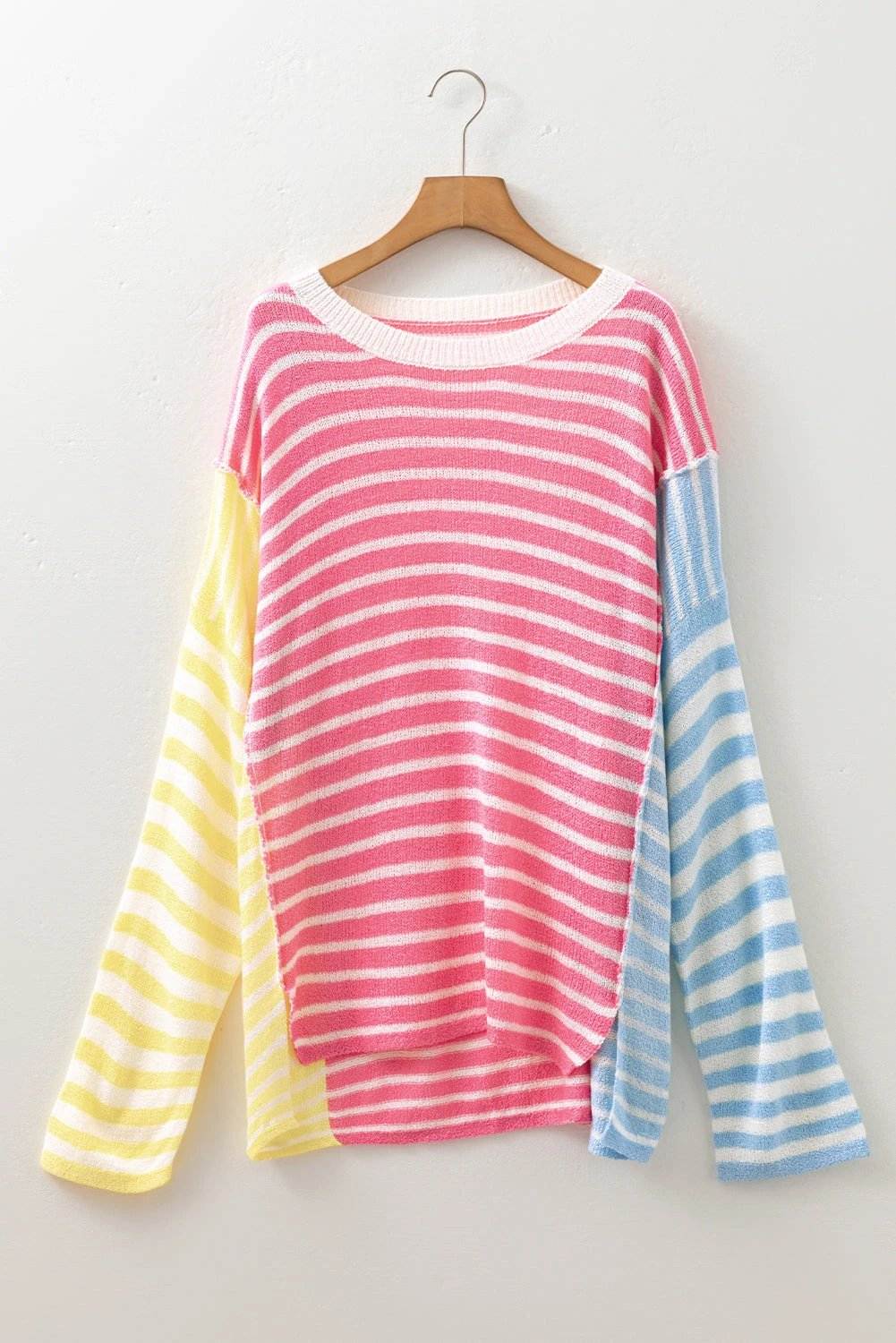 Plus size striped colorblock sweater with exposed seam and relaxed fit for casual comfort