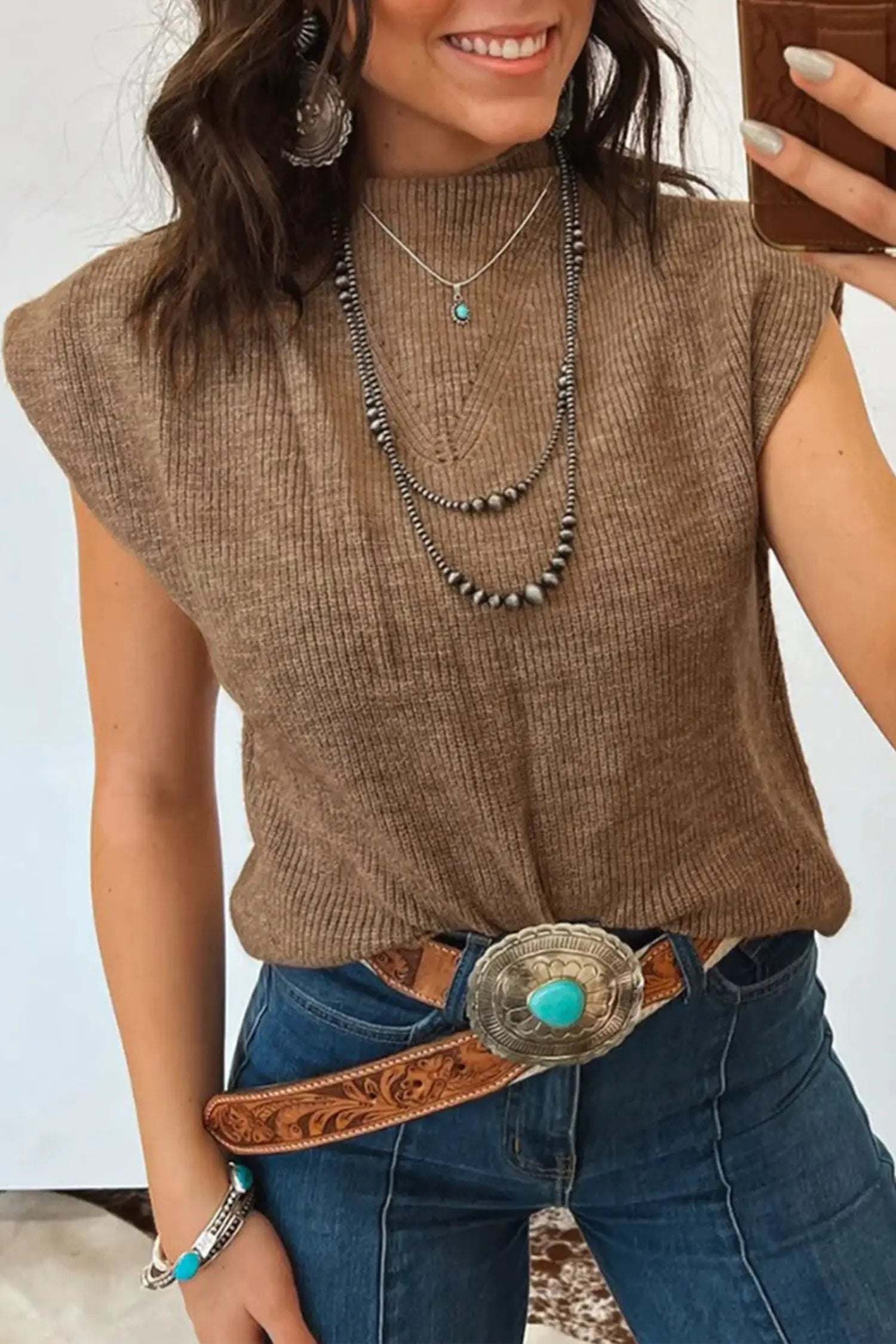 Caramel brown ribbed knit top