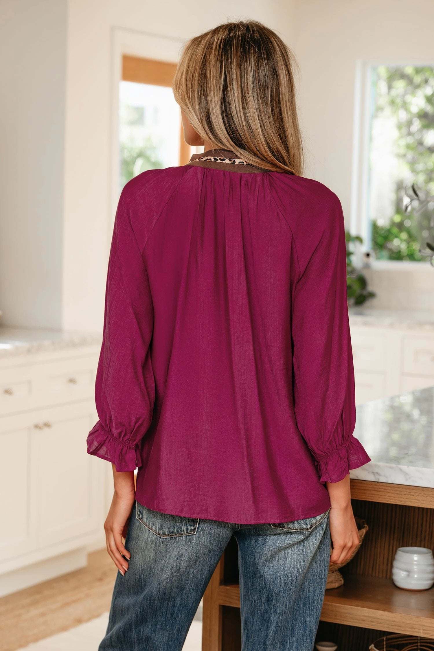 Violet leopard trim V-neck blouse with flounced bracelet sleeves and lightweight cotton-linen blend