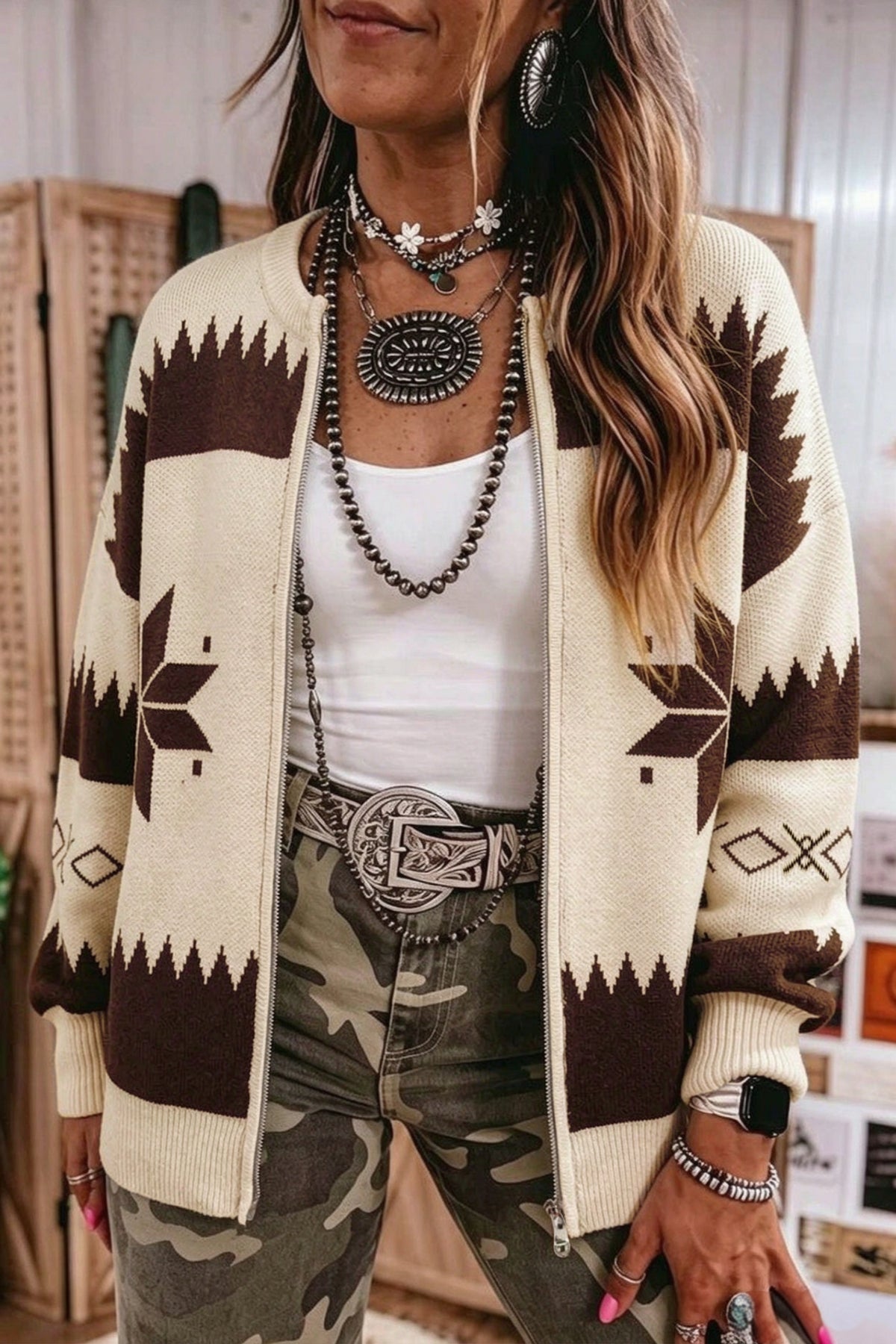 Western Geometric Print Zip Front Loose Sweater Cardigan