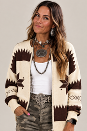 Western Geometric Print Zip Front Loose Sweater Cardigan