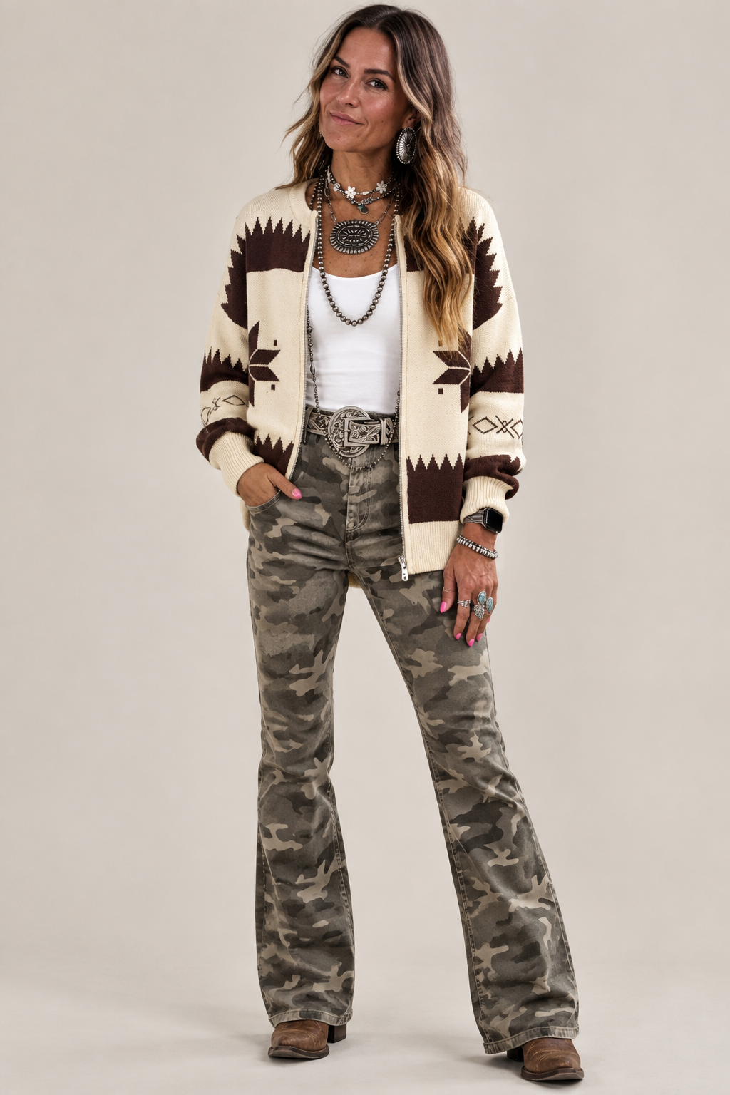 Western Geometric Print Zip Front Loose Sweater Cardigan