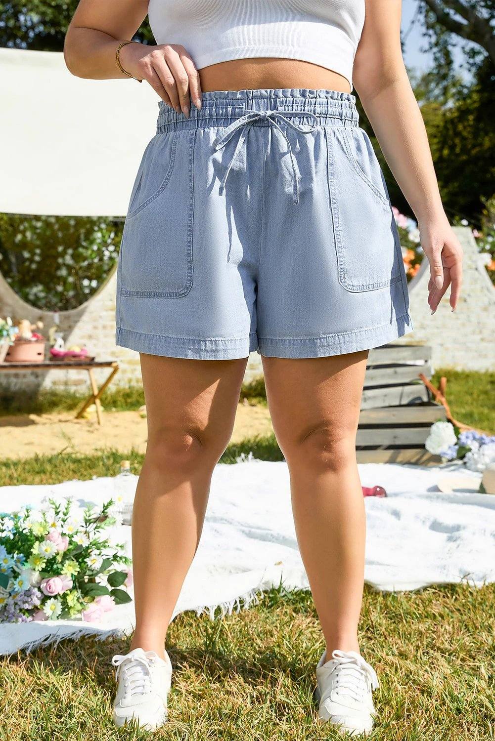 Plus size Chic Mom Energy high waist denim shorts with pockets and drawstring waistband