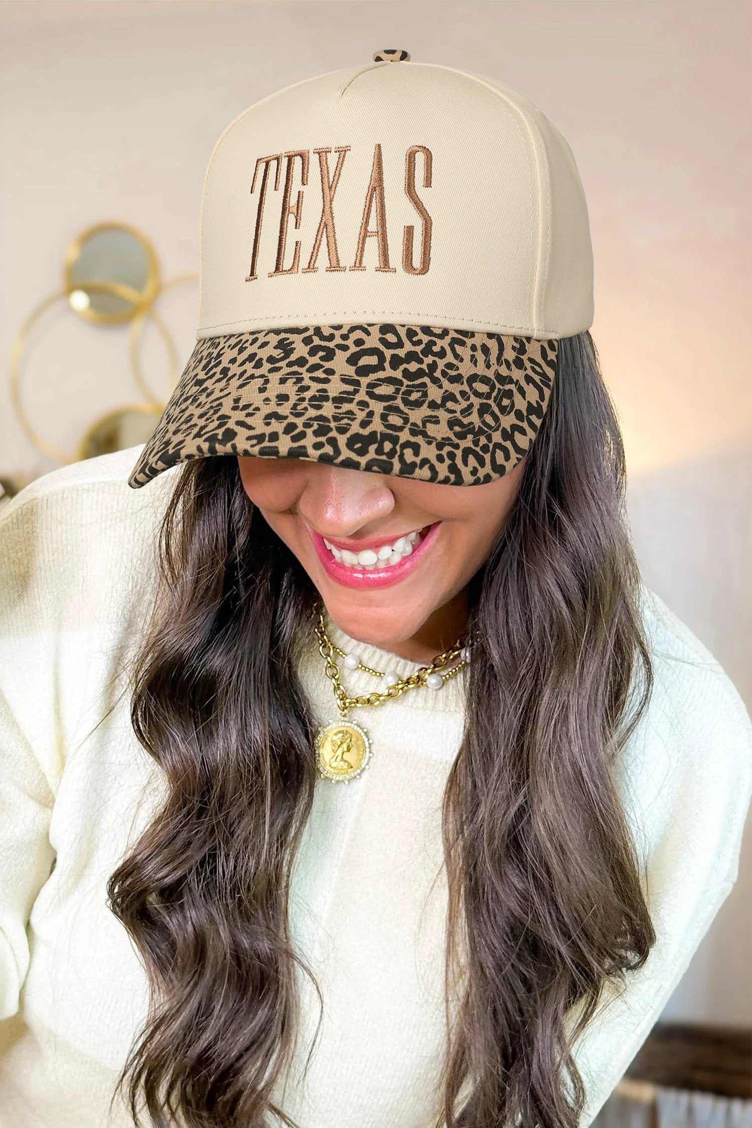camel texas embroidered leopard contrast baseball cap for women casual everyday outfit