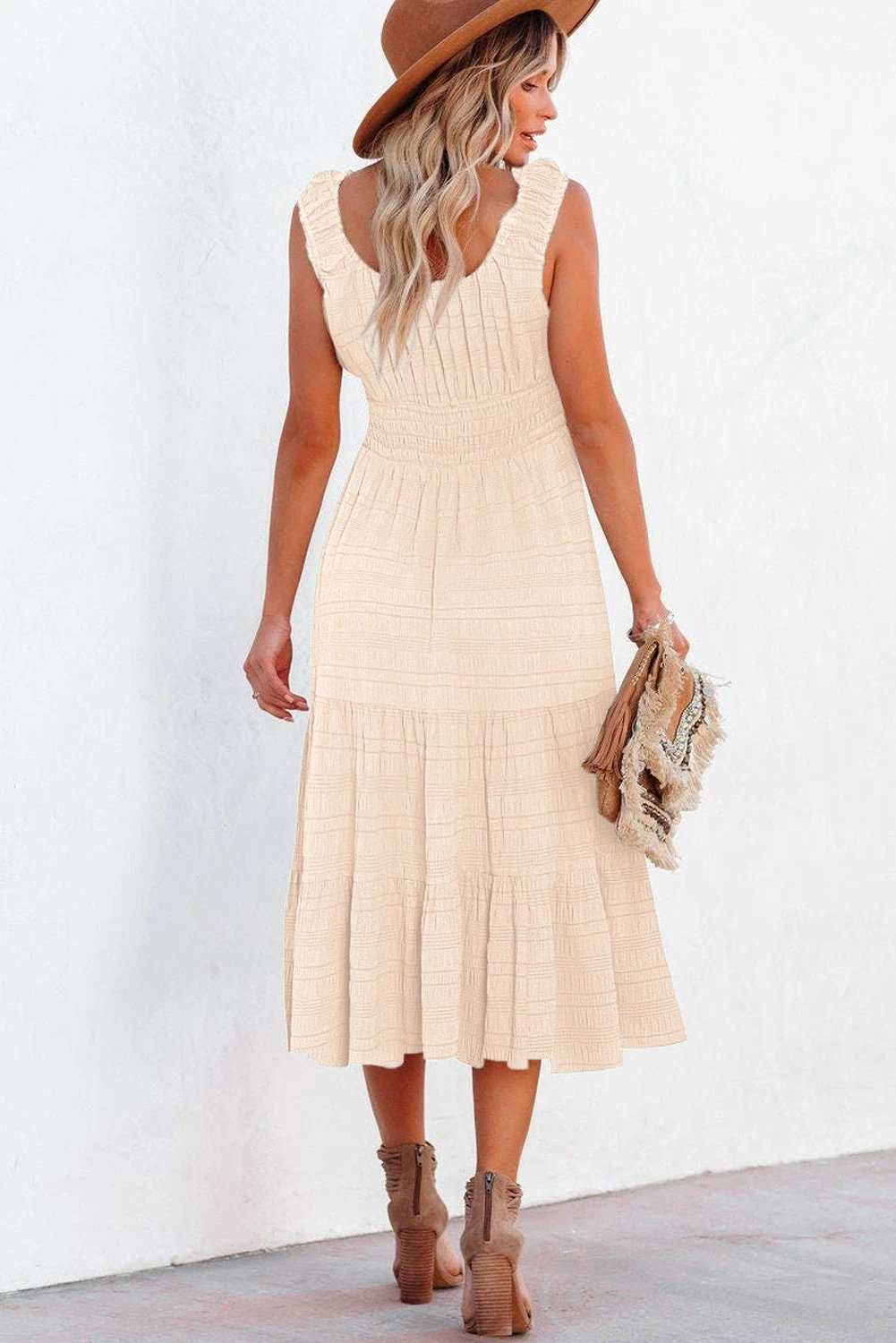 Sleeveless Midi Dress with shirred pleated square-neck bodice and tiered skirt