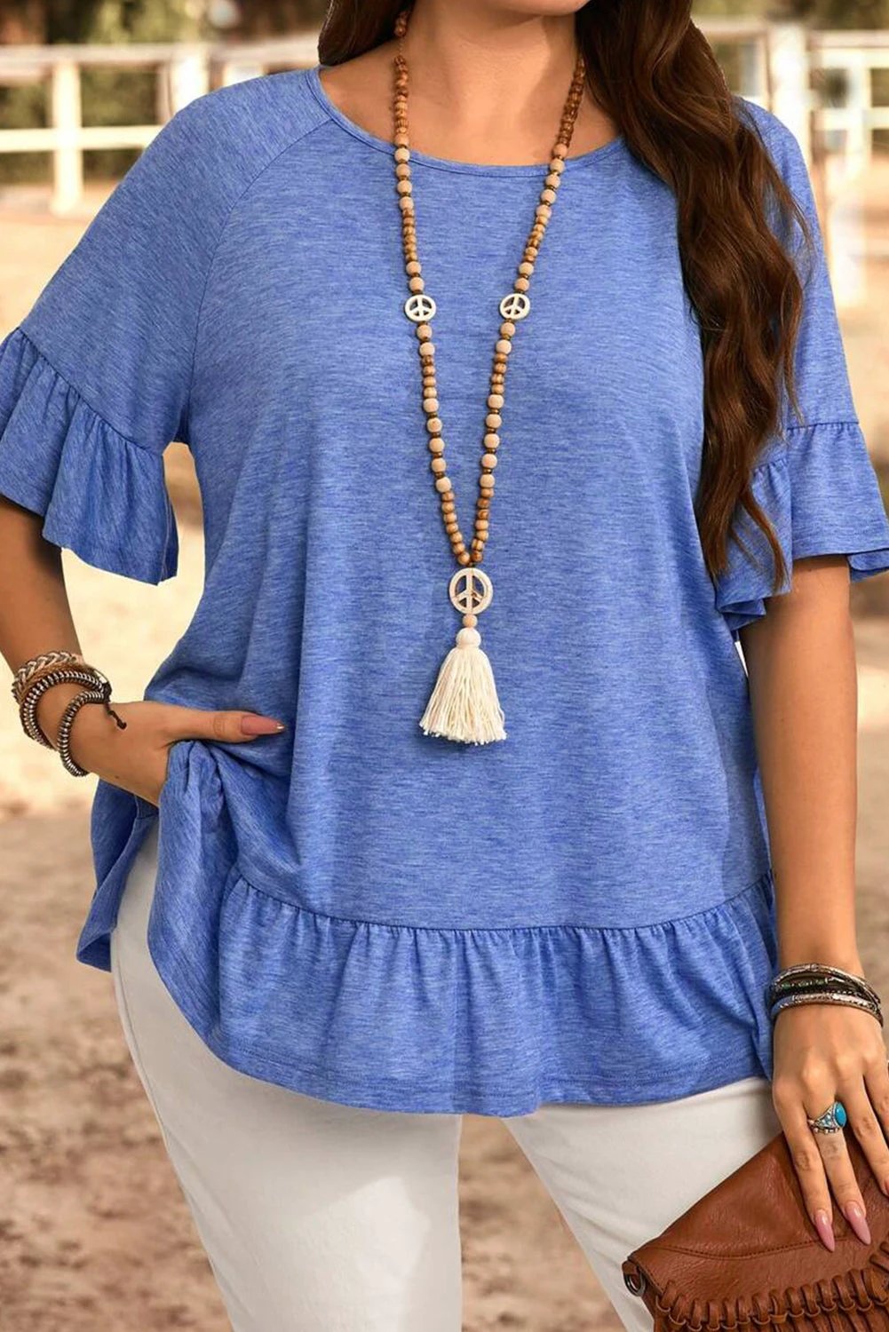 Dear-Lover Dropshipping Dusk Blue Ruffled Short Sleeve Plus Size Casual Blouse - Plus Size/Plus Size Tops/Plus Size Tops & Tees