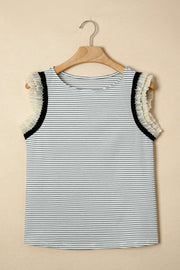 Black stripe ruffle trim casual tank top with relaxed fit and contrasting armhole trim