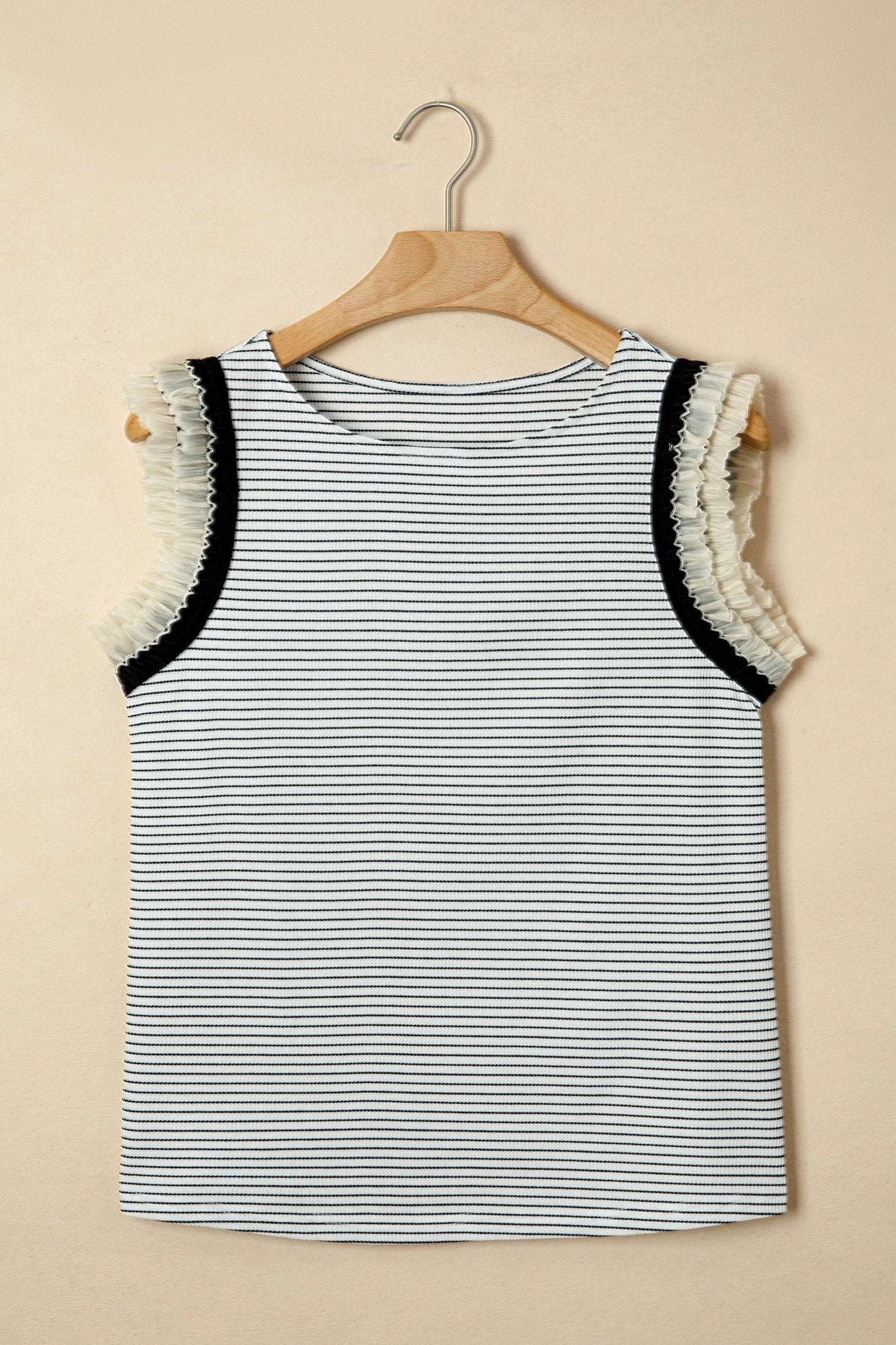 Black stripe ruffle trim casual tank top with relaxed fit and contrasting armhole trim