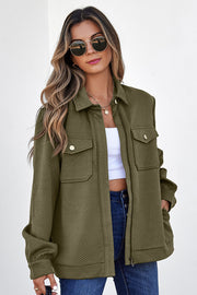 Blackish Green Solid Color Zip Up Button Flap Pocket Shirt Collar Jackets