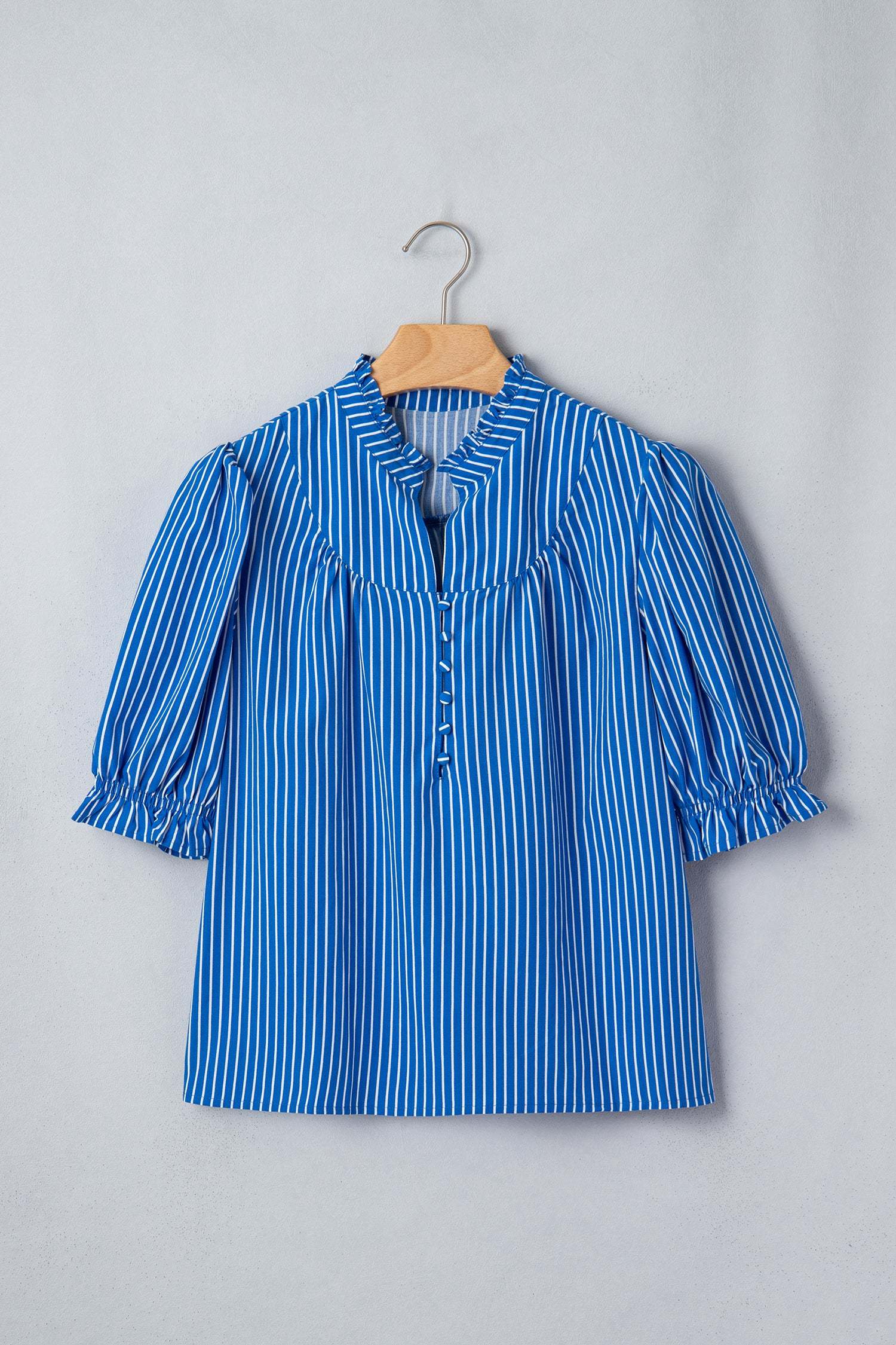 Stripe Button Front Blouse with Ruffles and Puff Sleeves
