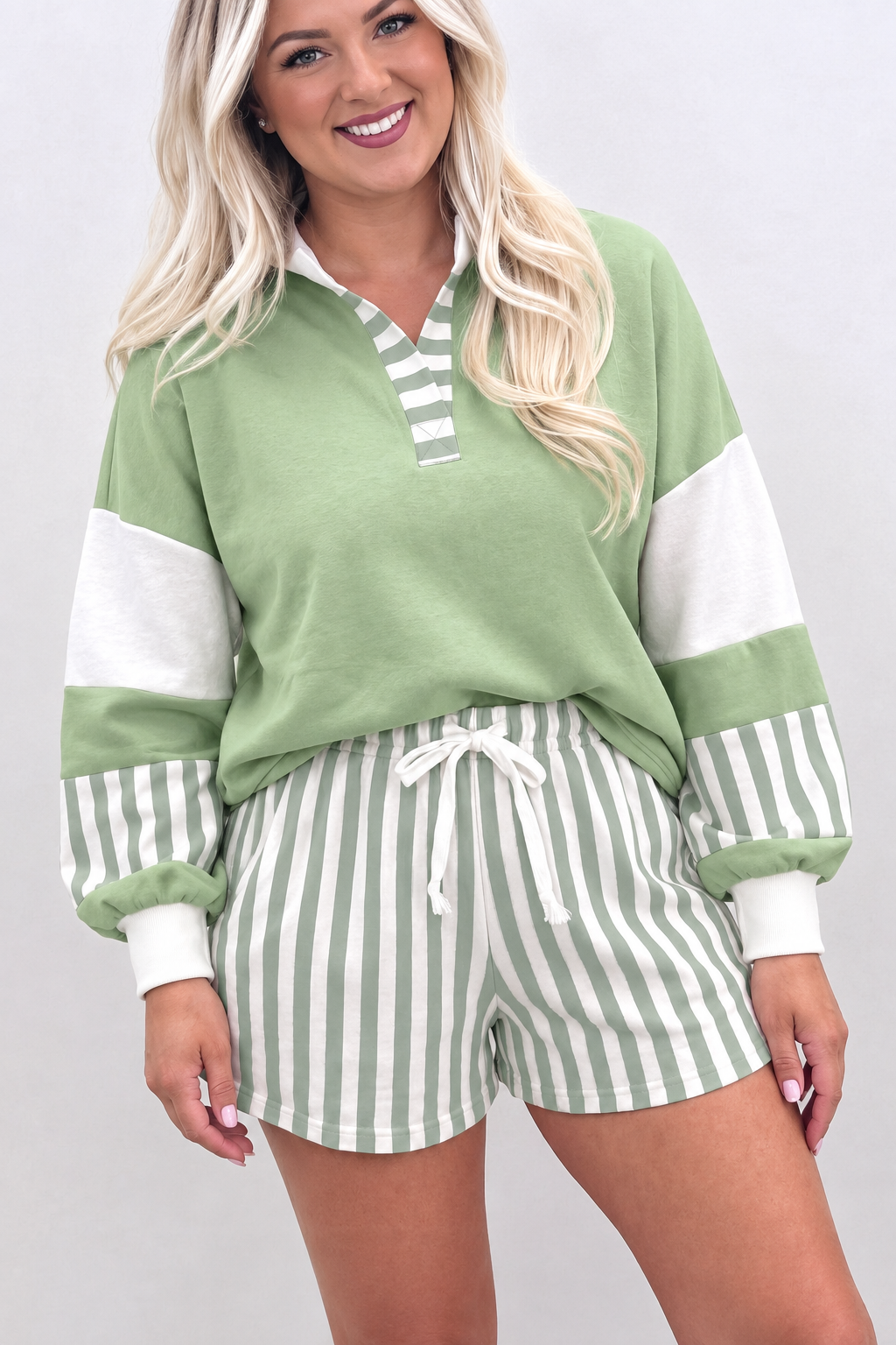 Smoke Green Striped Patchwork V Neck Two Piece Shorts Plus Size Set