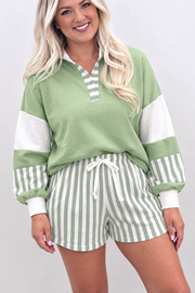 Smoke Green Striped Patchwork V Neck Two Piece Shorts Plus Size Set