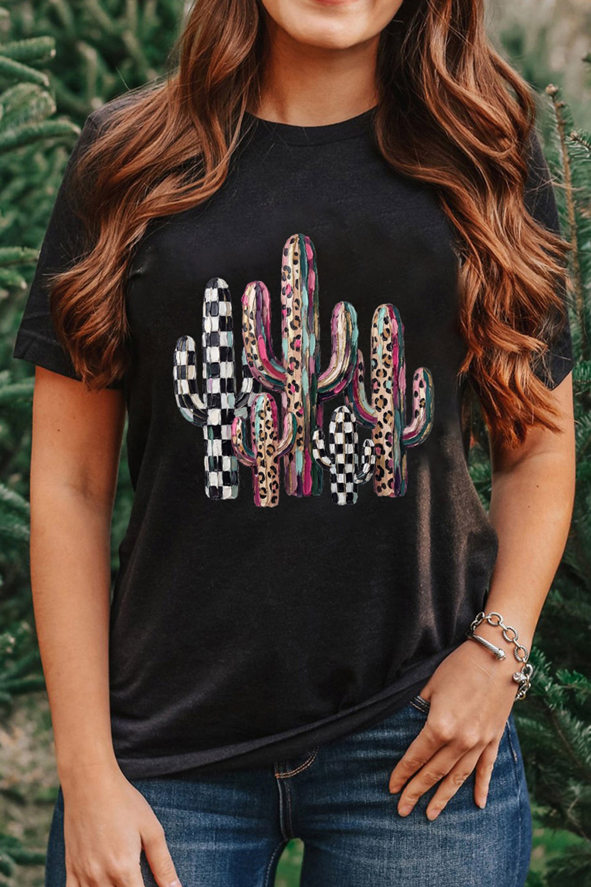 Mixed Pattern Cactus Graphic Print Relaxed T-Shirt