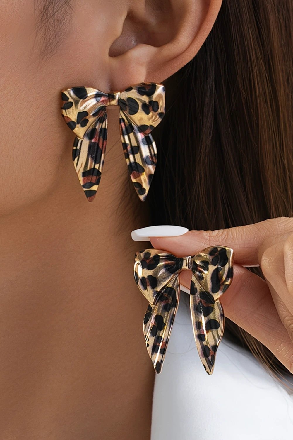 gold leopard print bow knot shape plated alloy earrings for women casual everyday outfit