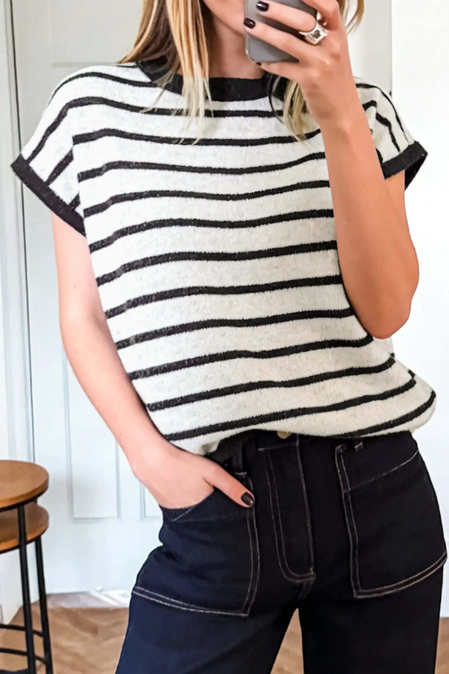 Dear-Lover Dropshipping Black Stripe Bow Applique Short Sleeve Sweater - Sweaters & Cardigans/Short Sleeve Sweaters
