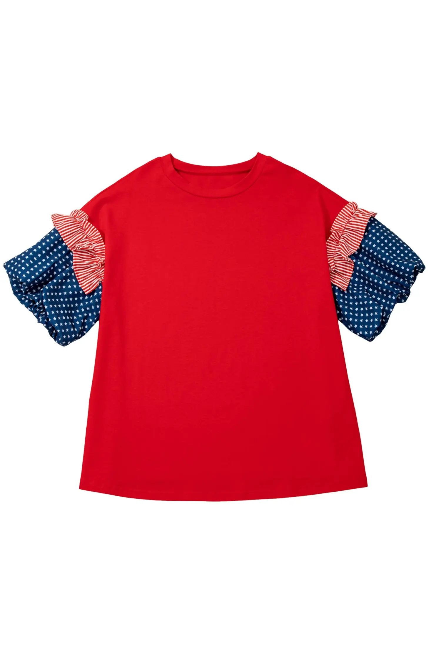 Fiery red plus size top with patchwork star and striped ruffle bubble sleeves