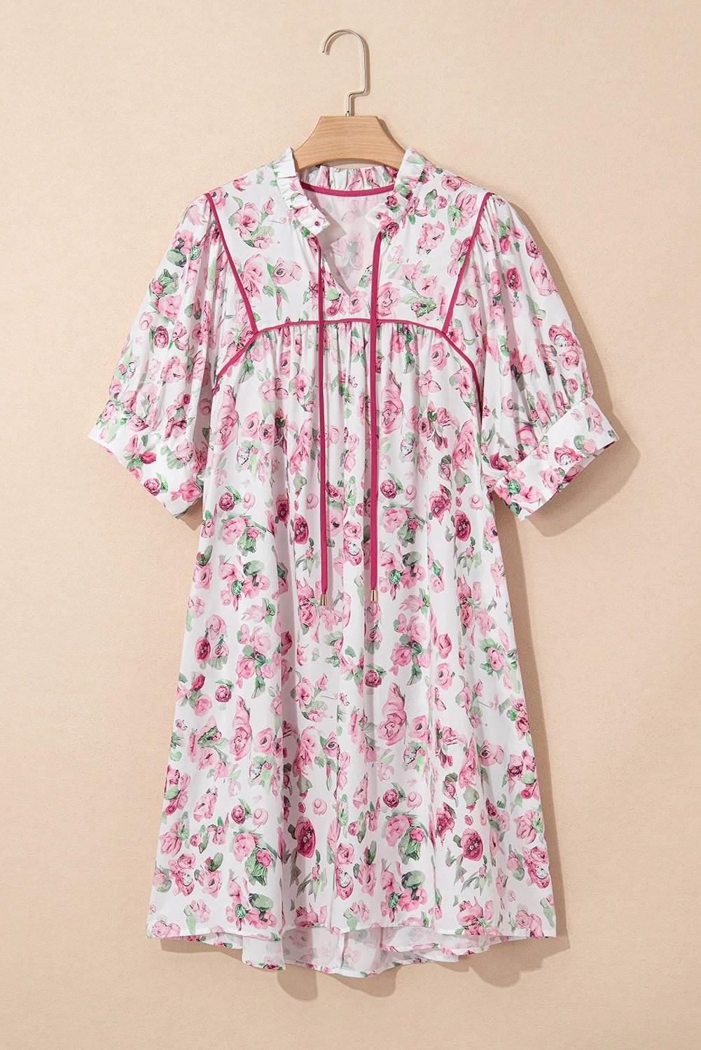 pink floral split neck short sleeve loose plus size mini dress for women casual everyday outfit