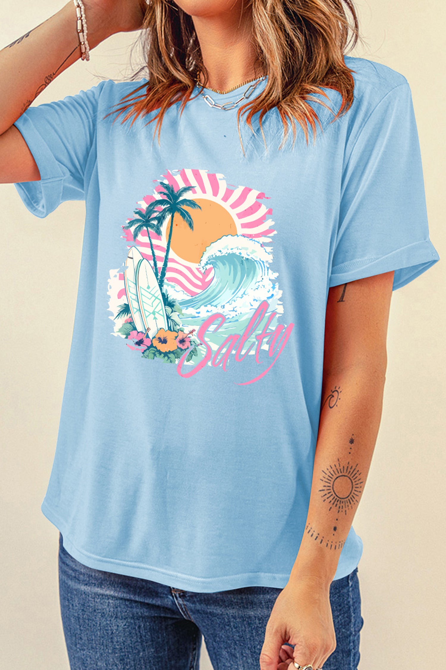Light Blue Salty Beach Resort Vacation Surf Graphic Tee