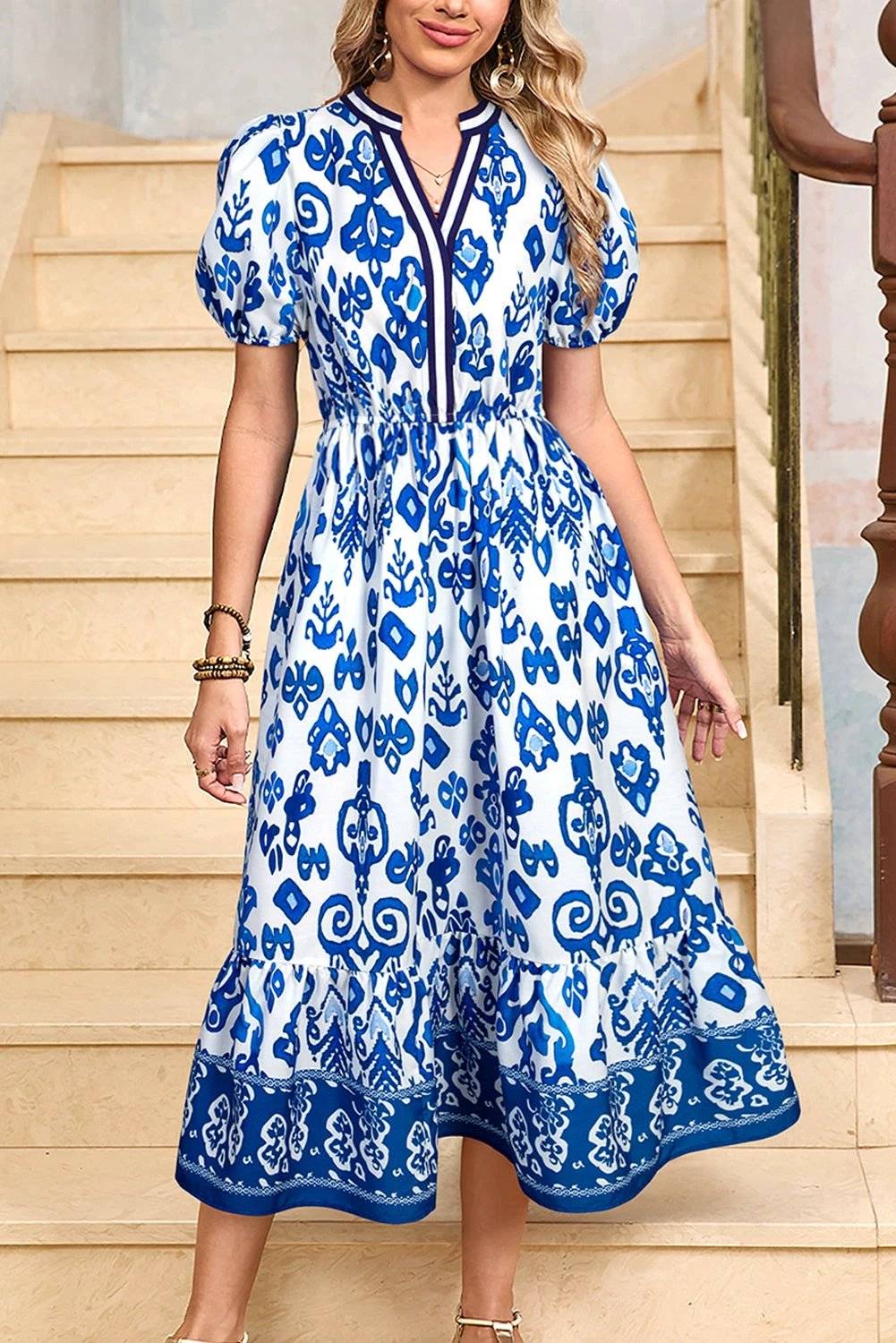 sky blue floral puff short sleeve v neck high waist maxi dress for women casual everyday outfit
