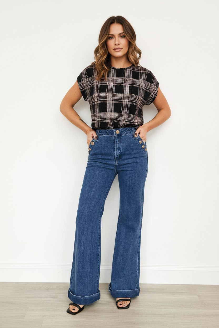 Golden Button Detail Rolled Edge Flare Leg Jeans