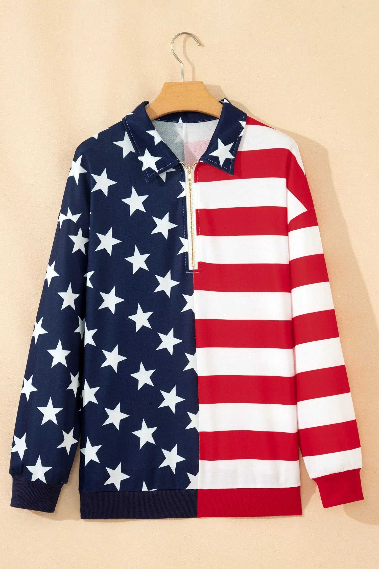 Oversized American Flag Sweatshirt with zipped collar patriotic casual top