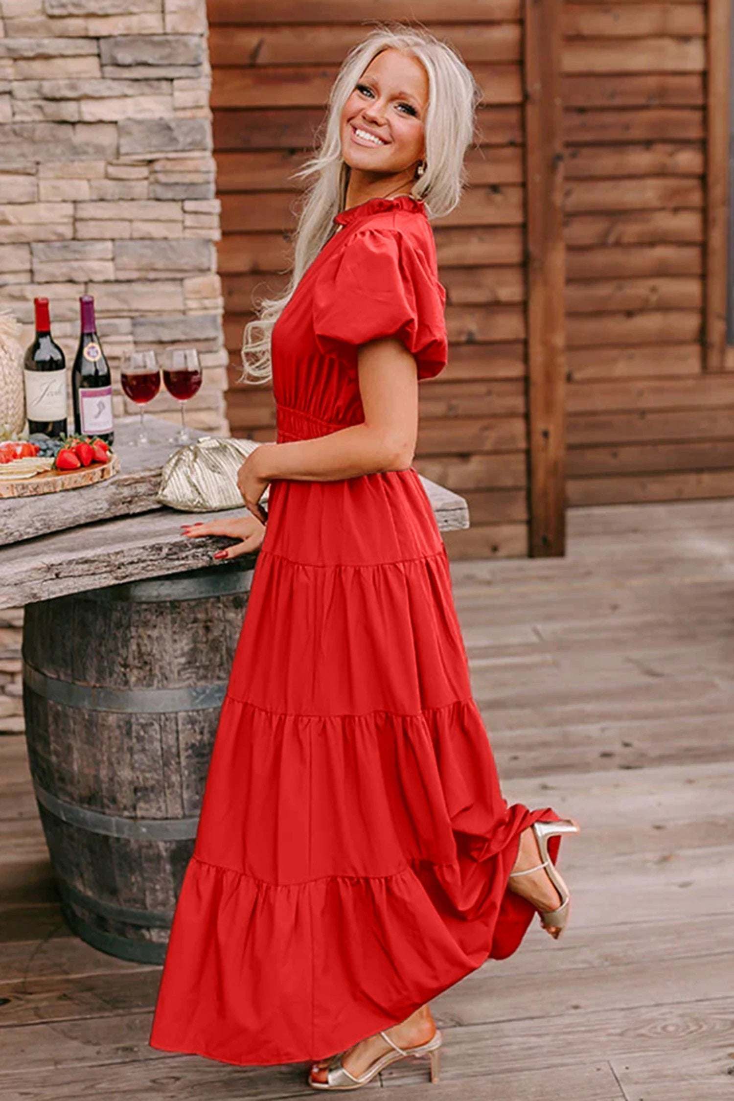 coral tiered maxi dress