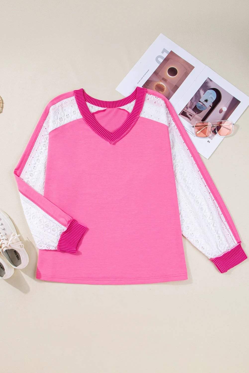 Plus size V-neck top with lace stripe sleeves and corded detail