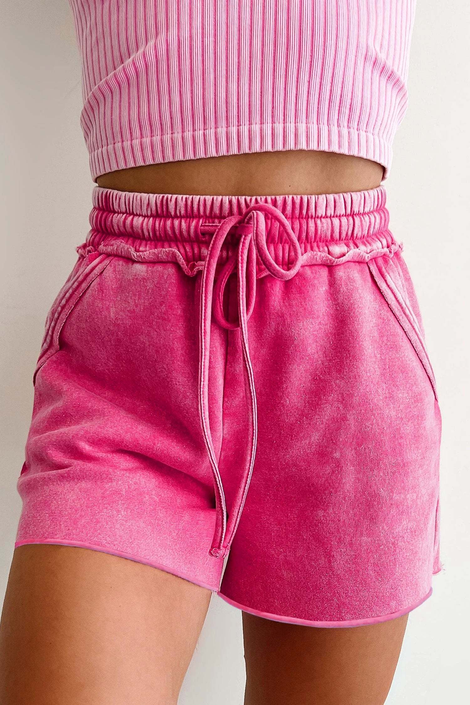 sea green mineral washed drawstring elastic waist raw cut shorts for women casual everyday outfit