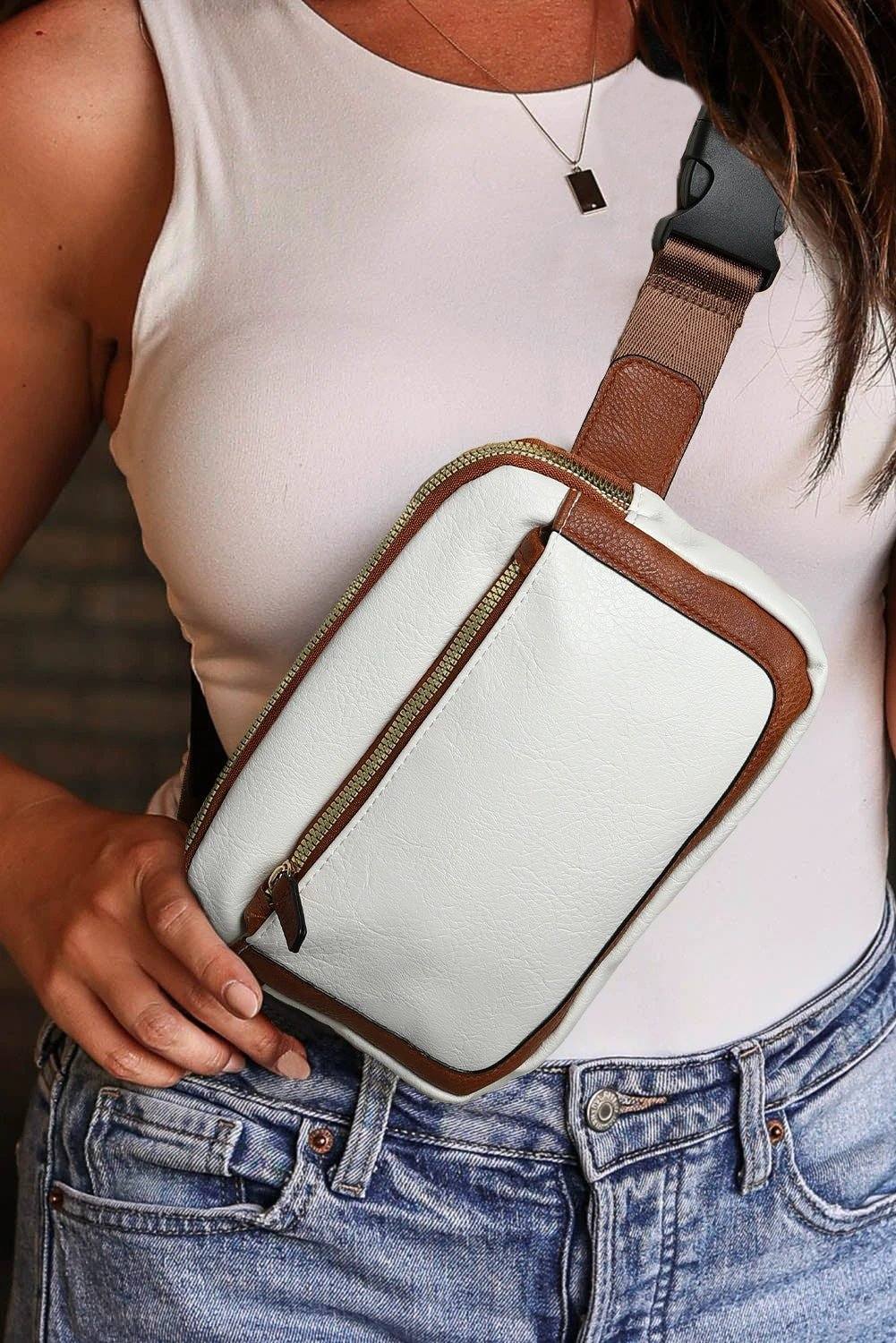 White mini PU leather crossbody bag with adjustable strap and gold hardware, styled for busy moms on the go