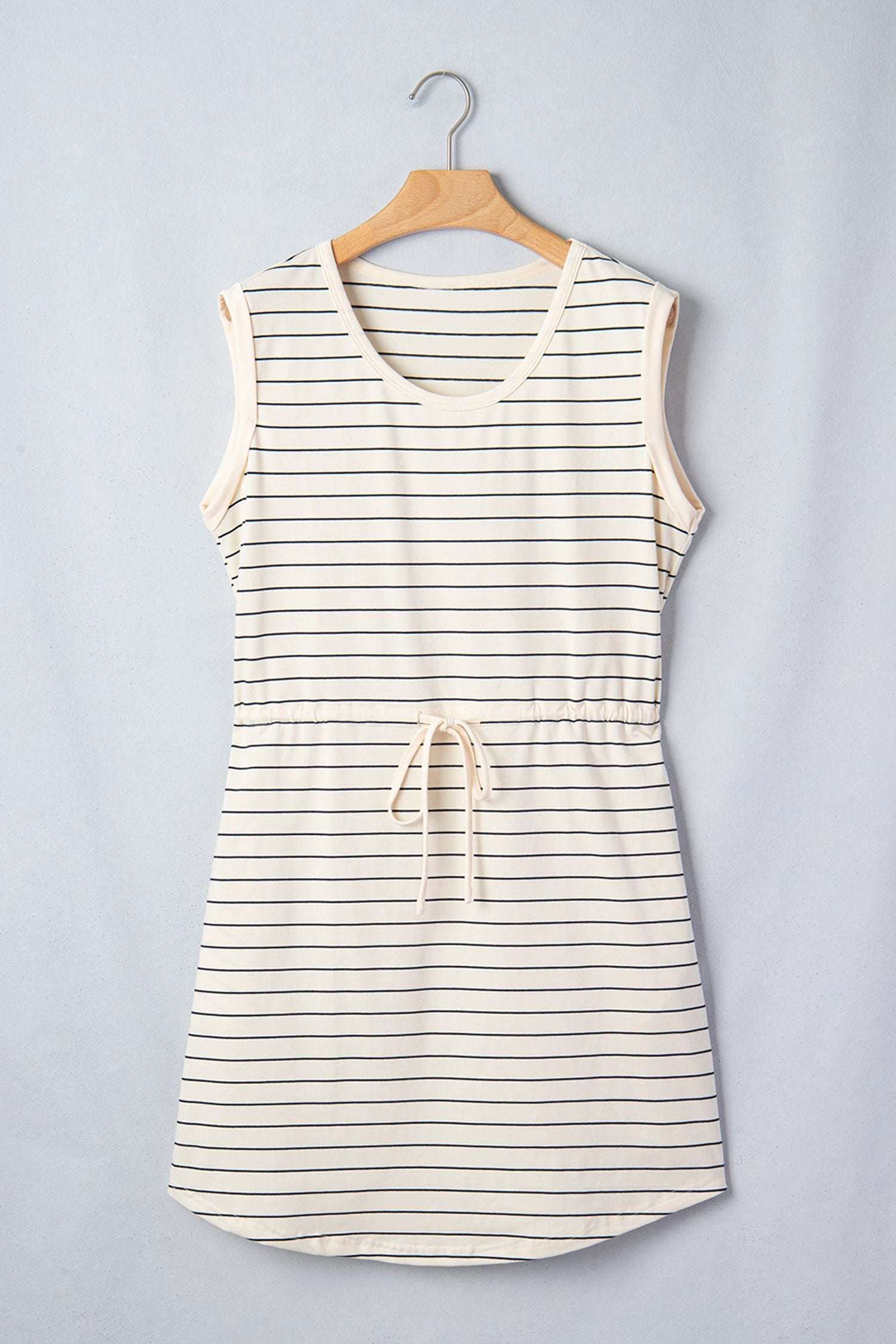 beige stripe drawstring tunic tank mini dress with pockets for women casual everyday outfit