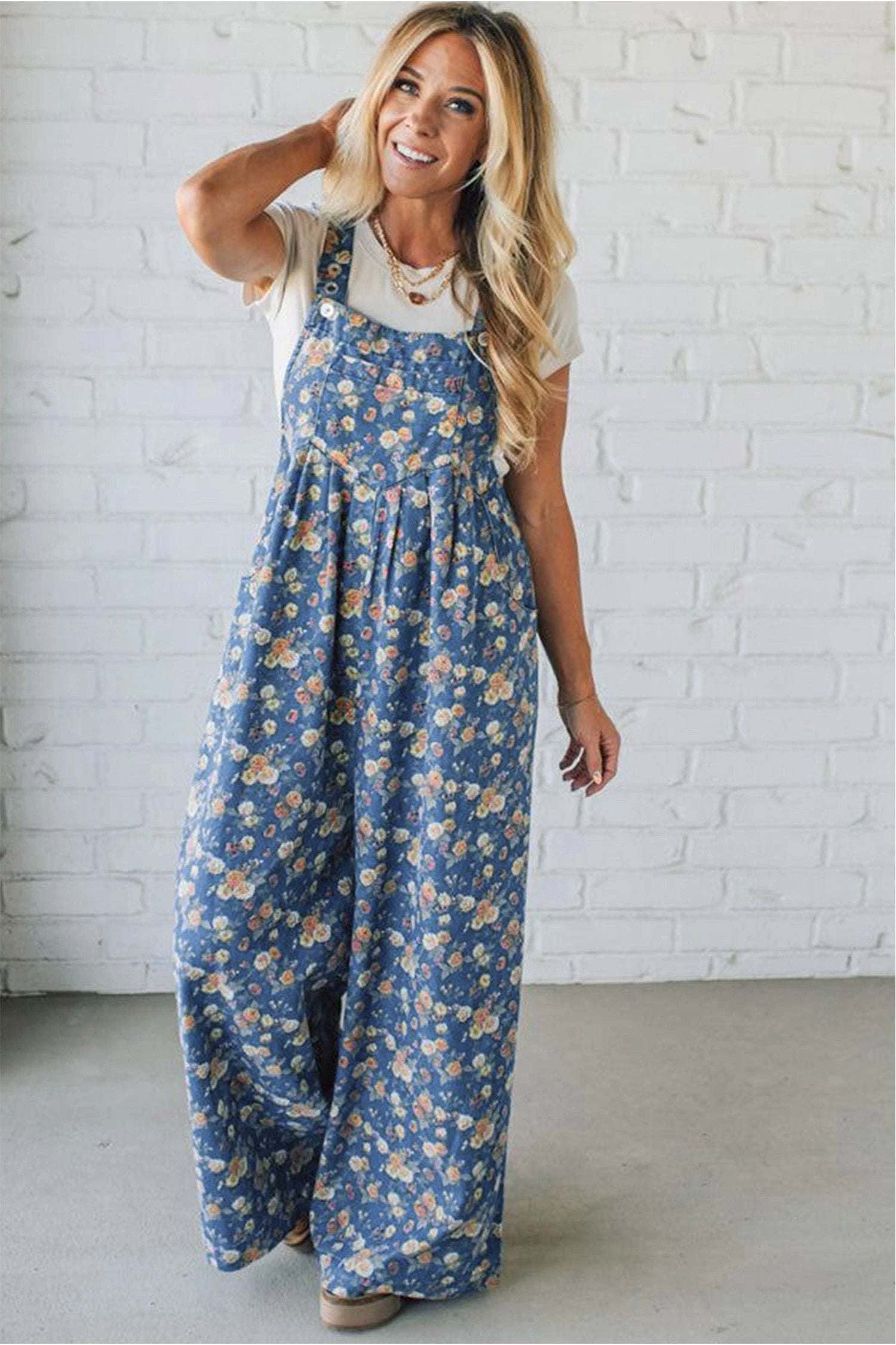 blue vintage rose printed pleated loose denim overall jumpsuit for women casual everyday outfit