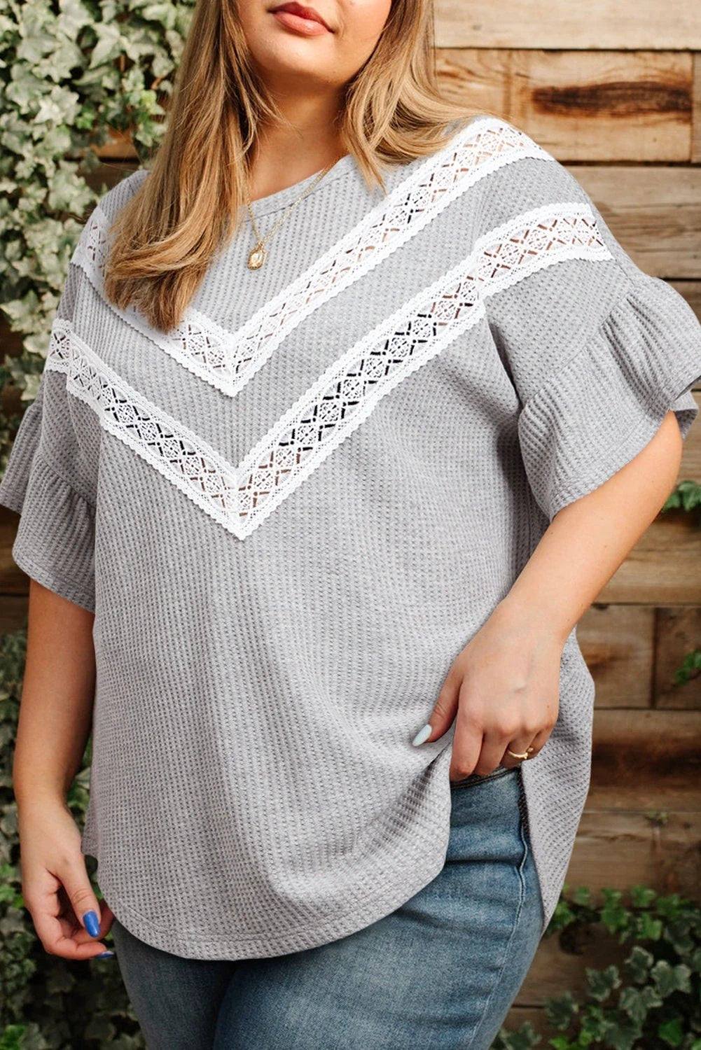 Plus size lace insert waffle knit short sleeve top in soft gray