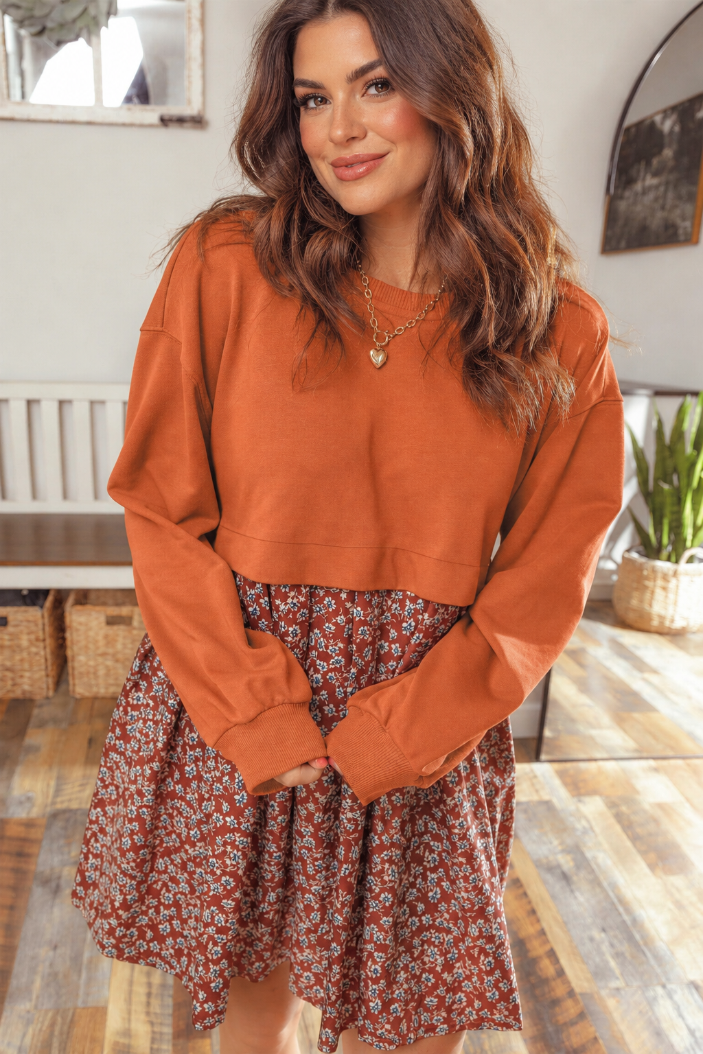 Orange Solid Long Sleeve Top Patchwork Floral Flared 2-in-1 Mini Dress
