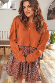 Orange Solid Long Sleeve Top Patchwork Floral Flared 2-in-1 Mini Dress