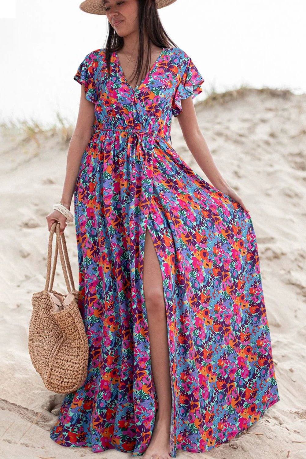 blue floral print v neck wrap split maxi dress for women casual everyday outfit