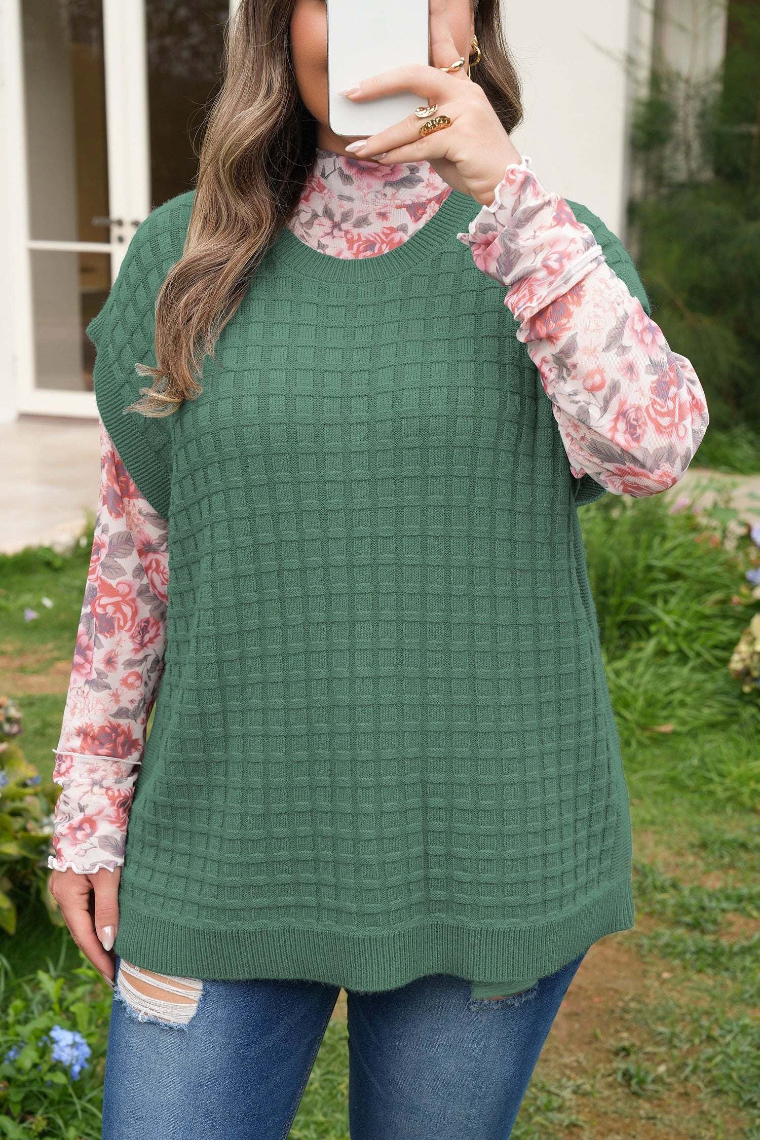 mist green plus size solid color textured knit short sleeve sweater for women casual everyday outfit