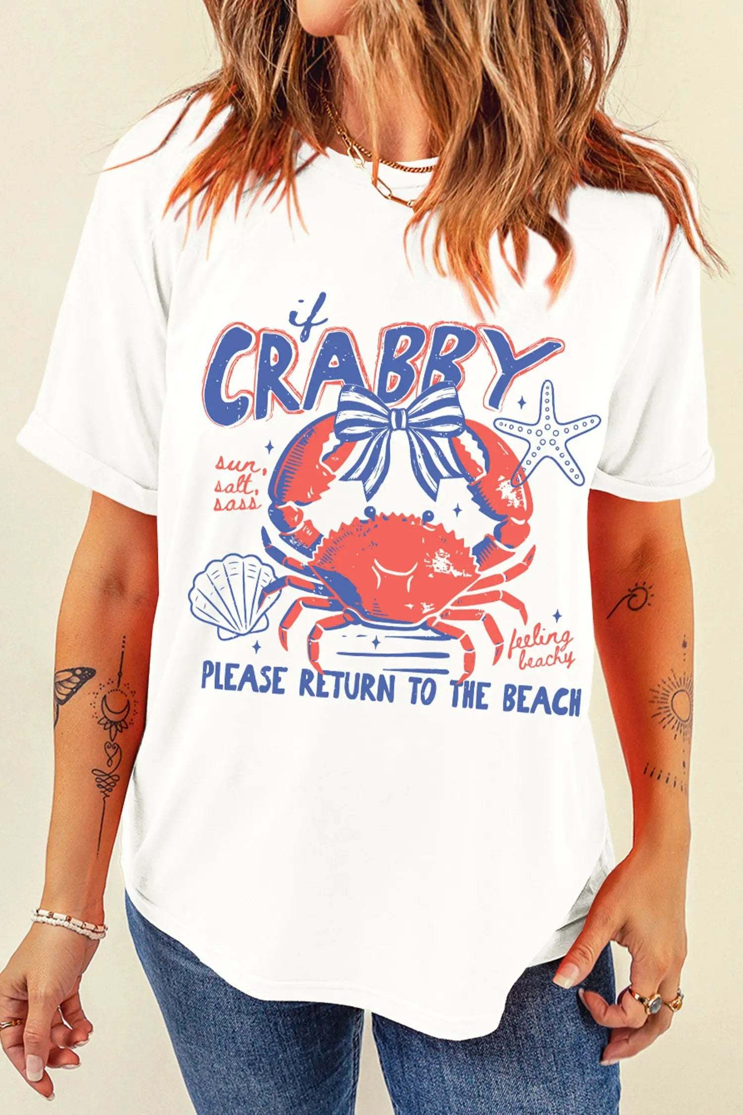 White coastal crab graphic tee for vacation ready beach style
