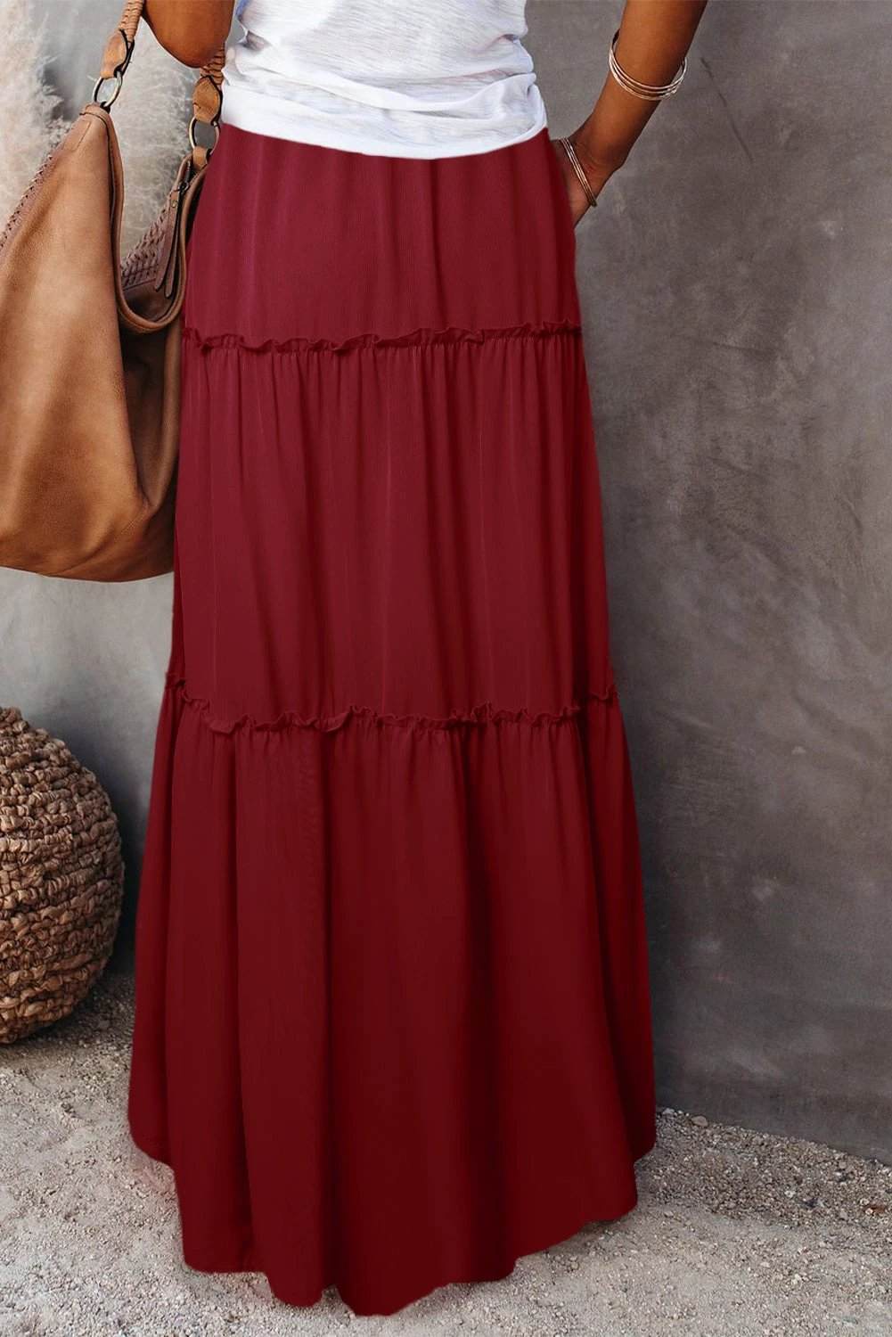  tiered flowy midi skirt for women casual everyday outfit