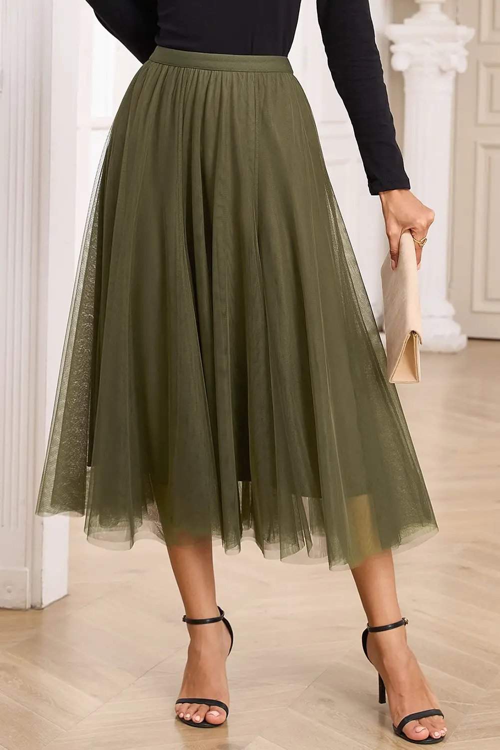 Dear-Lover Dropshipping Apricot Tulle Mesh Overlay Flared Midi Skirt - Skirts Bottoms/Skirts & Petticoat