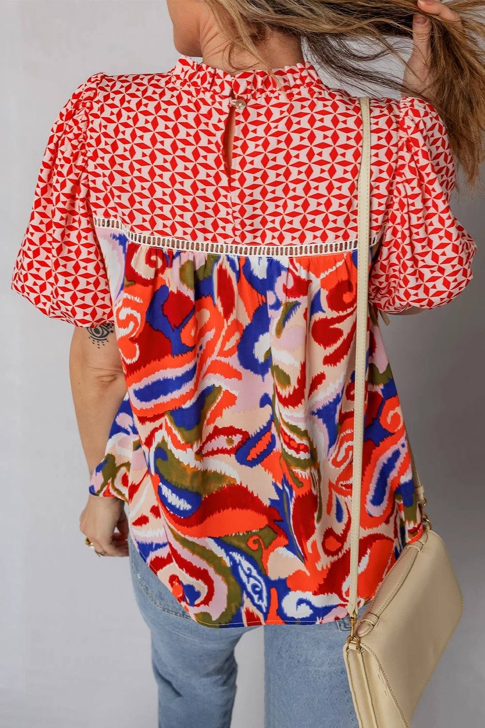 Boho chic paisley geometric puff sleeve blouse top with mixed print and lightweight fabric