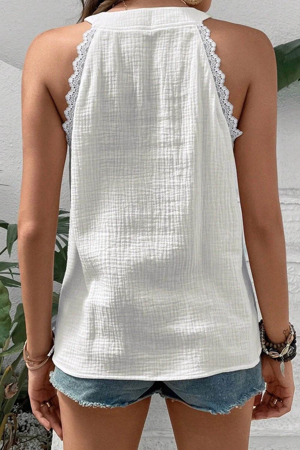 Dear-Lover Dropshipping White Textured Lace Trim Pure Cotton Sleeveless Top - Tops/Tank Tops