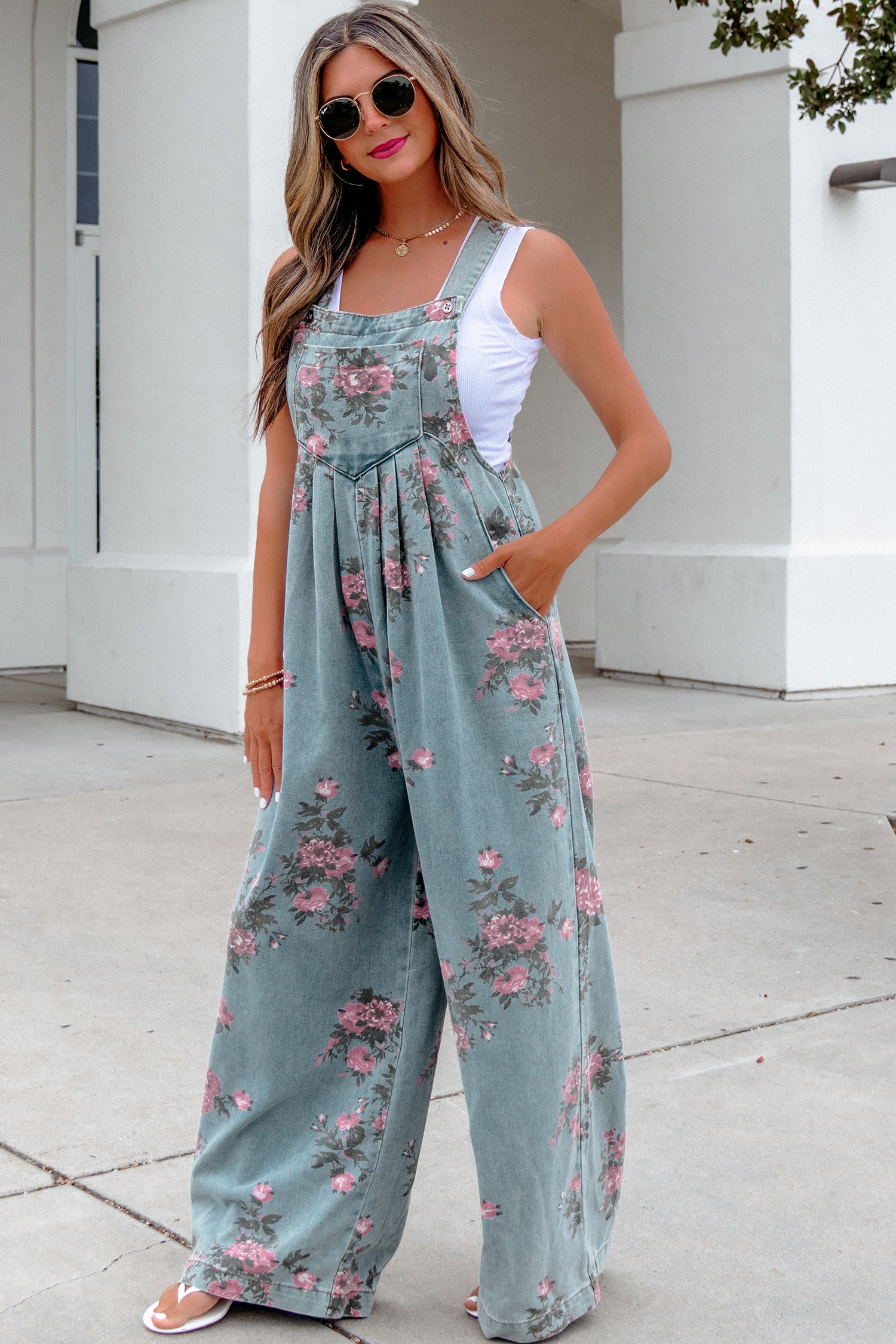 Floral Print Pleated High-Waisted Wide-Leg Denim Jumpsuit — everyday dress for women | J&H Apparel