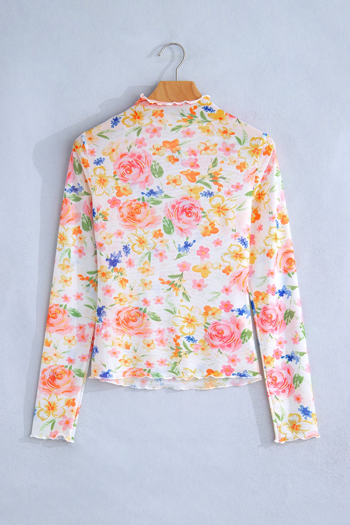 Lettuce Trim Floral Print Sheer Mesh Long Sleeve Top