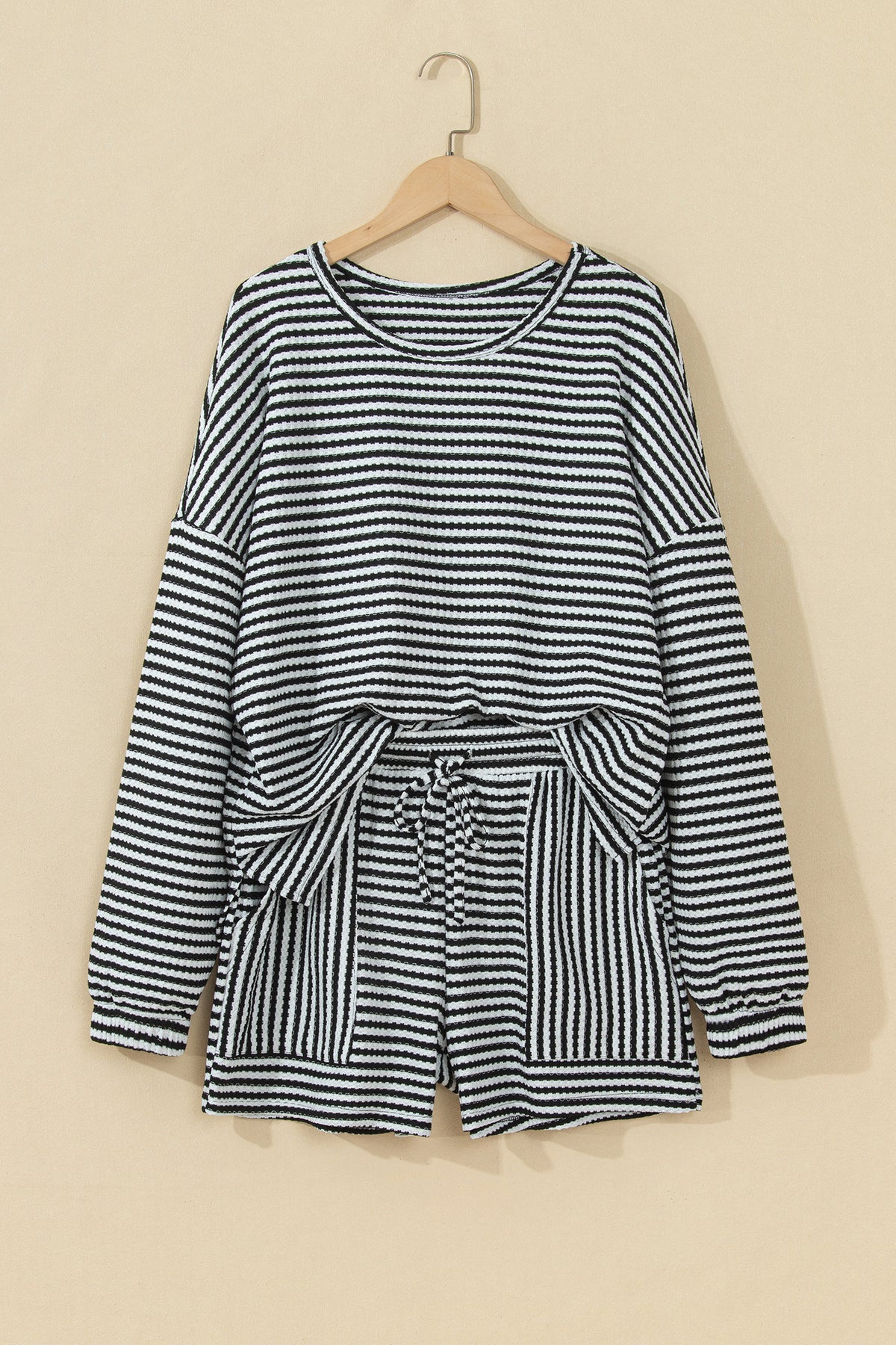Brown Stripe Textured Knit Long Sleeve Top Elastic Waist Shorts Casual Outfit