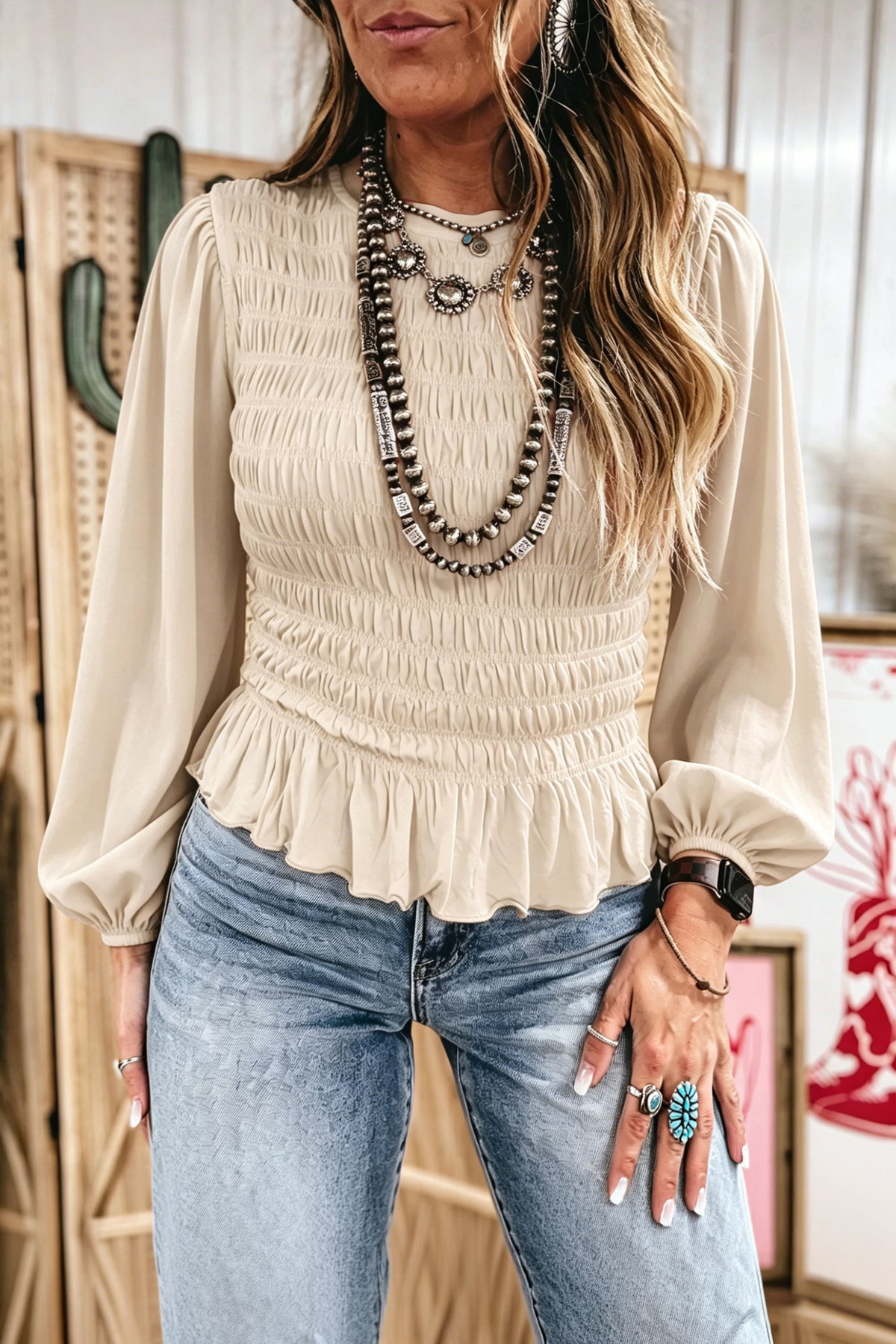 Solid Color Smocked Ruffle Hem Long Sleeve Blouse